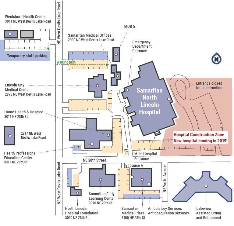 Hospital parking, main entrance to change during construction of new facility
