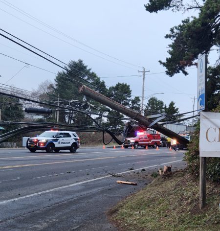 Truck takes out communications pole